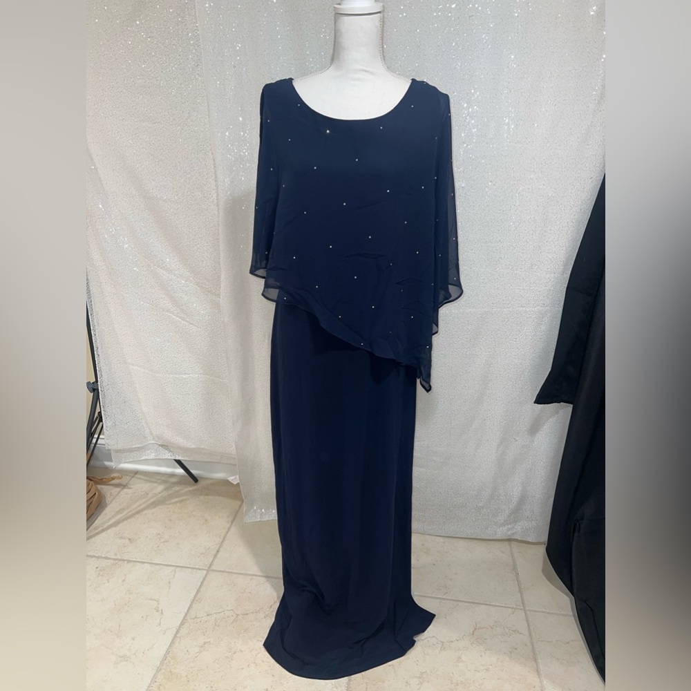 Frank Lyman Sz 16 Navy Blue Dress Crystal Short Sleeve Cut Out Shoulder Chiffon